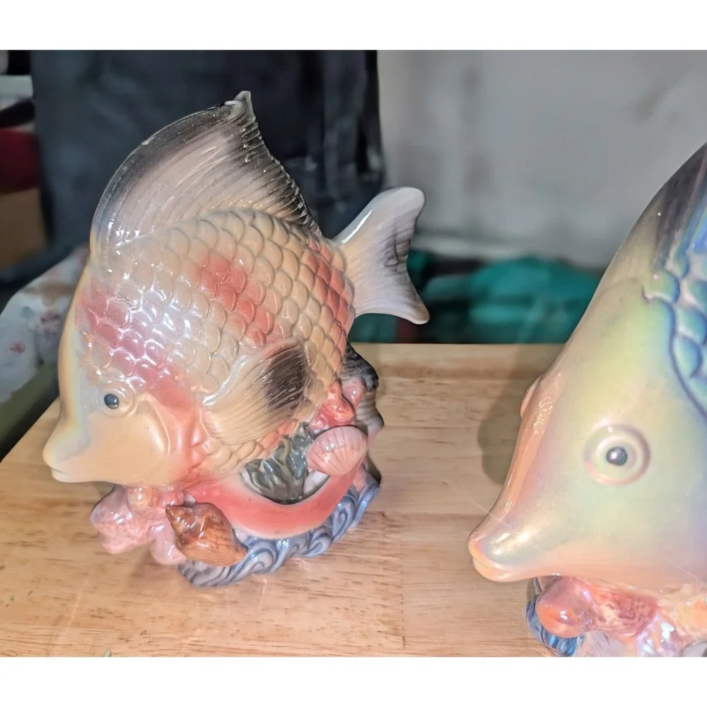2 VTG Iridescent Pearl Lusterware Porcelain Kitsch Under The Sea Fish Figurines
